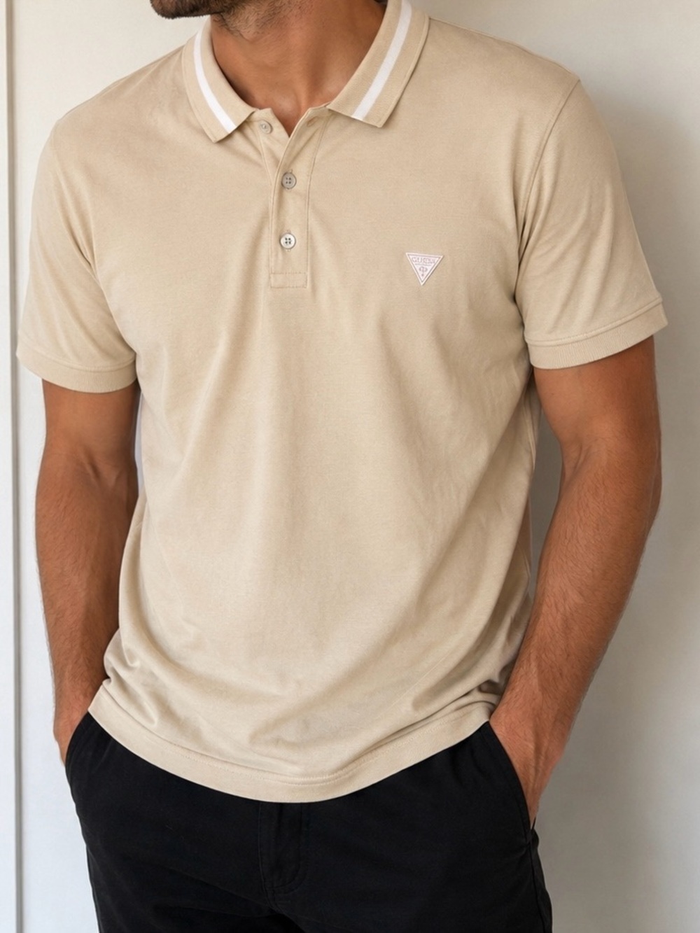 Guess Men's Beige Polo with Contrast-Striped Collar